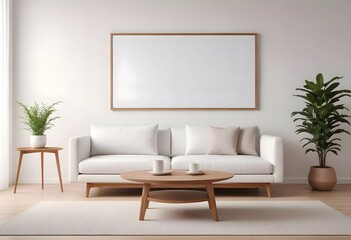 Interior living room with sofa and photo frame. 3D rendering