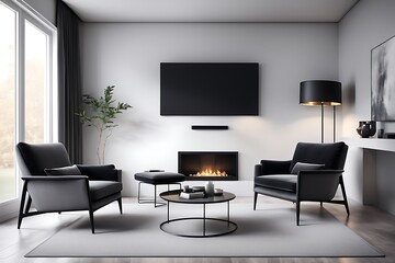  Mockup of a TV wall mounted with an armchair in the living room with a white wall design. 