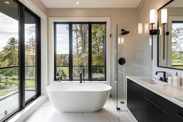 modern bathroom with black and white color scheme, large window on the left side of room with view to nature, freestanding bathtub in front of windows, modern sink cabinet near tub, wall sconces, glas