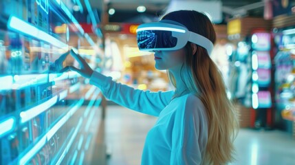 A young woman uses virtual reality in a retail store to select products. generative AI image
