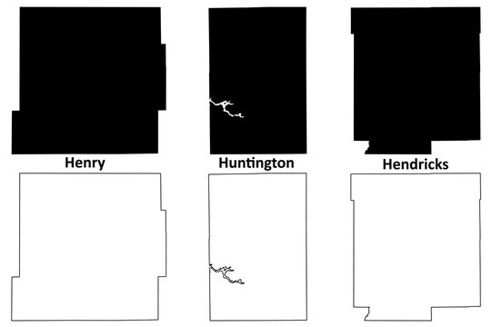 Huntington, Hendricks and Henry County, Indiana (U.S. county, United States of America, USA, U.S., US) map vector illustration, scribble sketch Huntington, Hendricks and Henry map