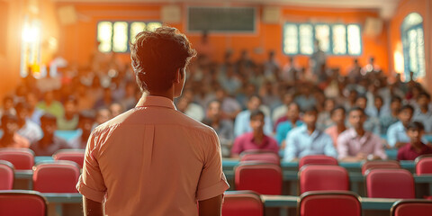 An Indian man in casual clothes giving a presentation in a college classroom, viewed from behind, addressing an audience of blurred figures sitting and listening attentively.