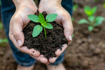 Hand holding a plant against a blurred green natural background with sunlight.