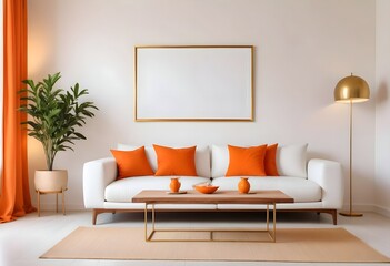 Interior living room with sofa and photo frame. 3D rendering