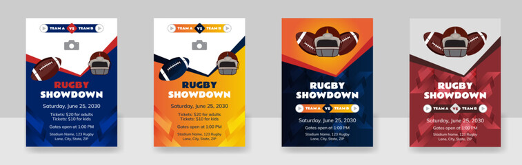 rugby championship cup flyer template, American football game, and camp posters