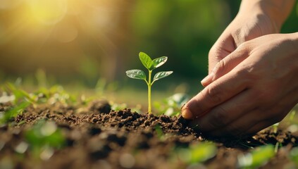 Fototapeta premium A nurturing hand gently supports a young plant in rich soil, illustrating care and environmental responsibility in a natural setting.