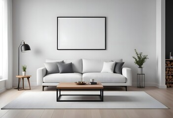 Interior living room with sofa and photo frame. 3D rendering