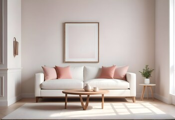 Interior living room with sofa and photo frame. 3D rendering