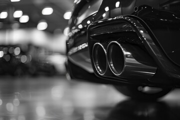 A black car with a shiny exhaust pipe