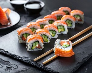 A plate of gourmet sushi rolls arranged artfully on a slate platter On a black wooden background.