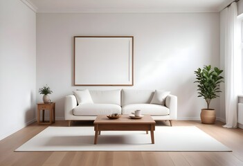 Interior living room with sofa and photo frame. 3D rendering