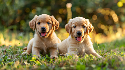 A playful little puppy and a nice couple of furry companions are playing together in the garden 