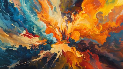 A breathtaking oil painting featuring a riot of energetic shapes and colors exploding across the canvas.