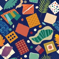 Obraz premium Seamless pattern of mixed media elements like fabric, paper, and paint swatches, Generative AI