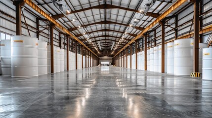 Chemical storage warehouse. Containers for chemical liquids. Warehouse system. Toxic barrels are kept in stock. Warehouse storage. Chemical Industry. Plastic barrels of chemicals are on pallets.