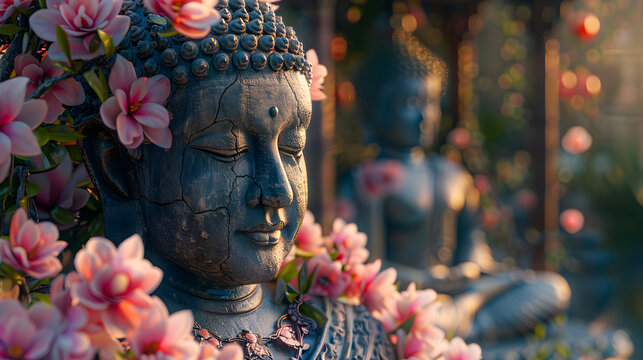 illustration of abstract lifelike buddha, flowers, magic lighting, beautiful metallic and stone colors, detailed, natural lighting, natural environment