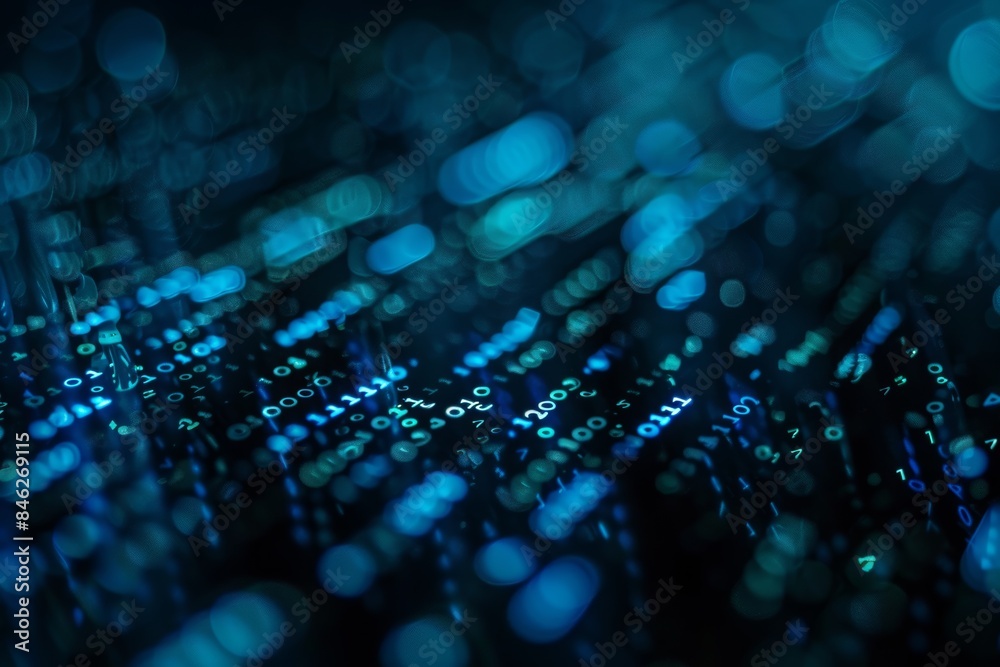 Poster Digital data stream of blue numbers and code flowing in the dark space, abstract background for technology or digital information concept with binary number on black screen