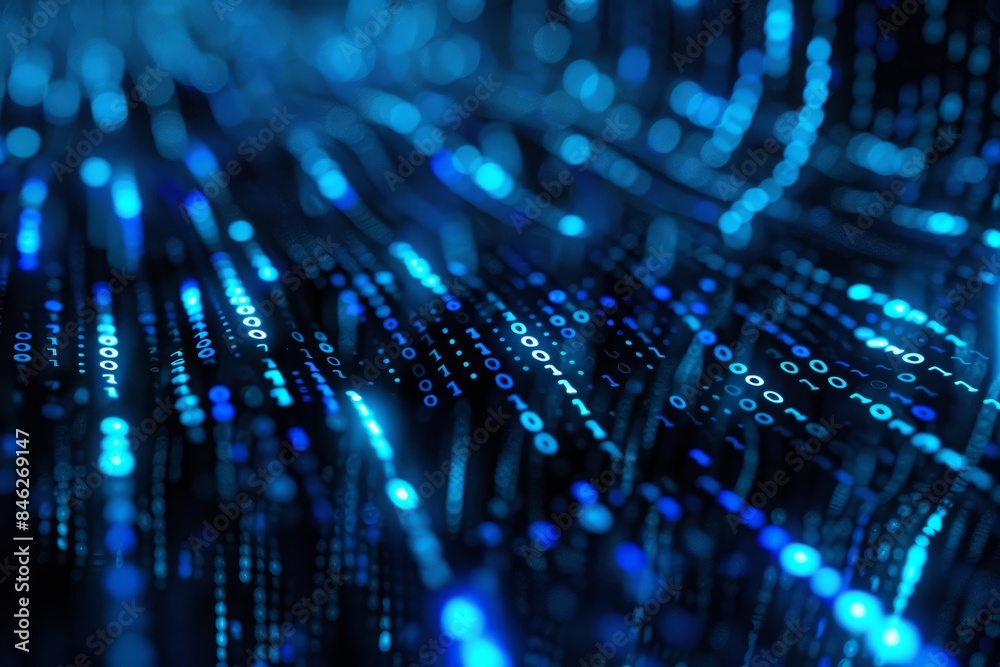 Aufkleber Digital data stream of blue numbers and code flowing in the dark space, abstract background for technology or digital information concept with binary number on black screen