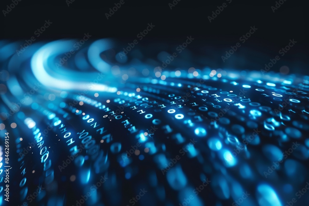 Fototapete Digital data stream of blue numbers and code flowing in the dark space, abstract background for technology or digital information concept with binary number on black screen