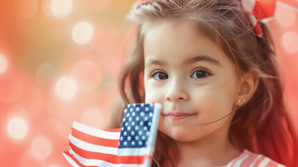 Intimate view of a little girl with an American flag, sharply focused on a light coral background.