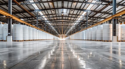 Fototapeta premium Chemical storage warehouse. Containers for chemical liquids. Warehouse system. Toxic barrels are kept in stock. Warehouse storage. Chemical Industry. Plastic barrels of chemicals are on pallets.