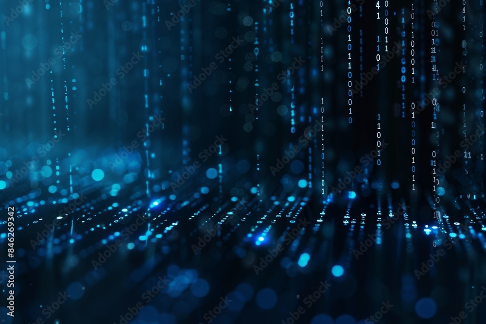 Fototapete Digital data stream of blue numbers and code flowing in the dark space, abstract background for technology or digital information concept with binary number on black screen