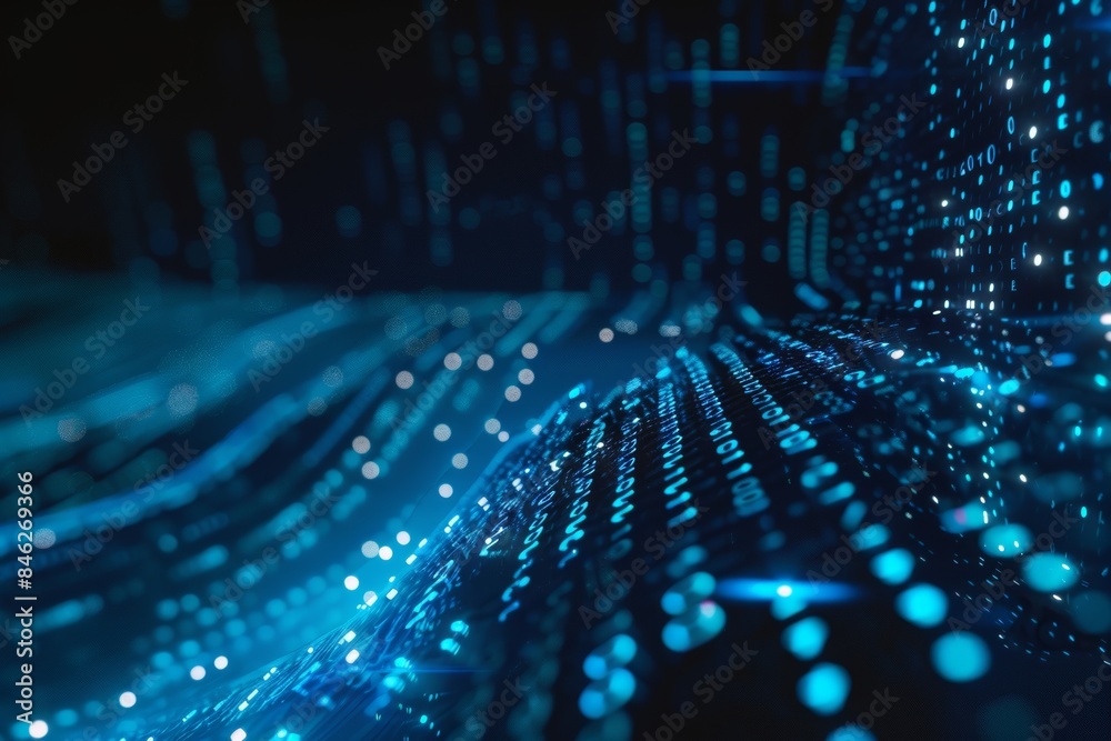 Poster Digital data stream of blue numbers and code flowing in the dark space, abstract background for technology or digital information concept with binary number on black screen
