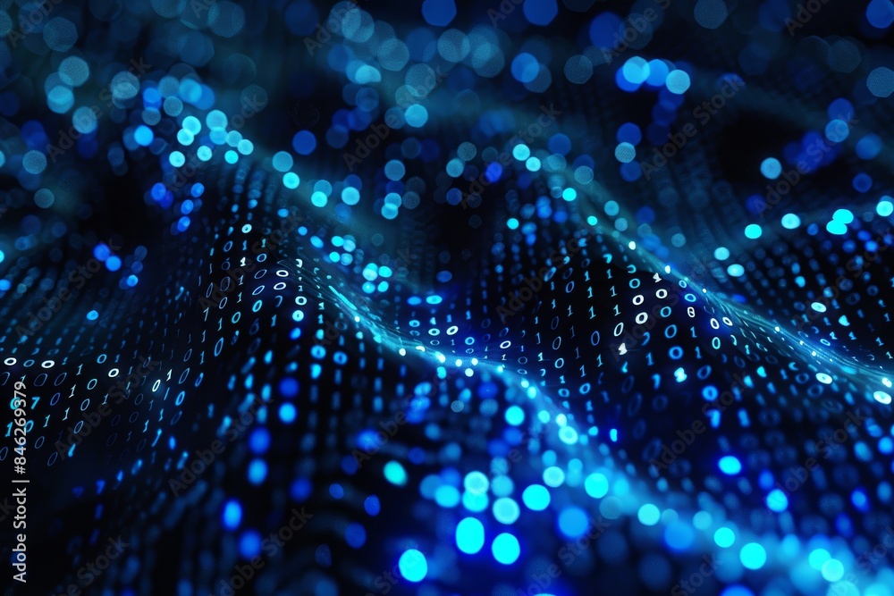 Aufkleber Digital data stream of blue numbers and code flowing in the dark space, abstract background for technology or digital information concept with binary number on black screen