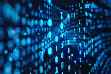 Obraz premium Digital data stream of blue numbers and code flowing in the dark space, abstract background for technology or digital information concept with binary number on black screen