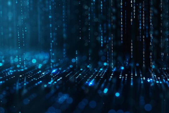 Digital data stream of blue numbers and code flowing in the dark space, abstract background for technology or digital information concept with binary number on black screen