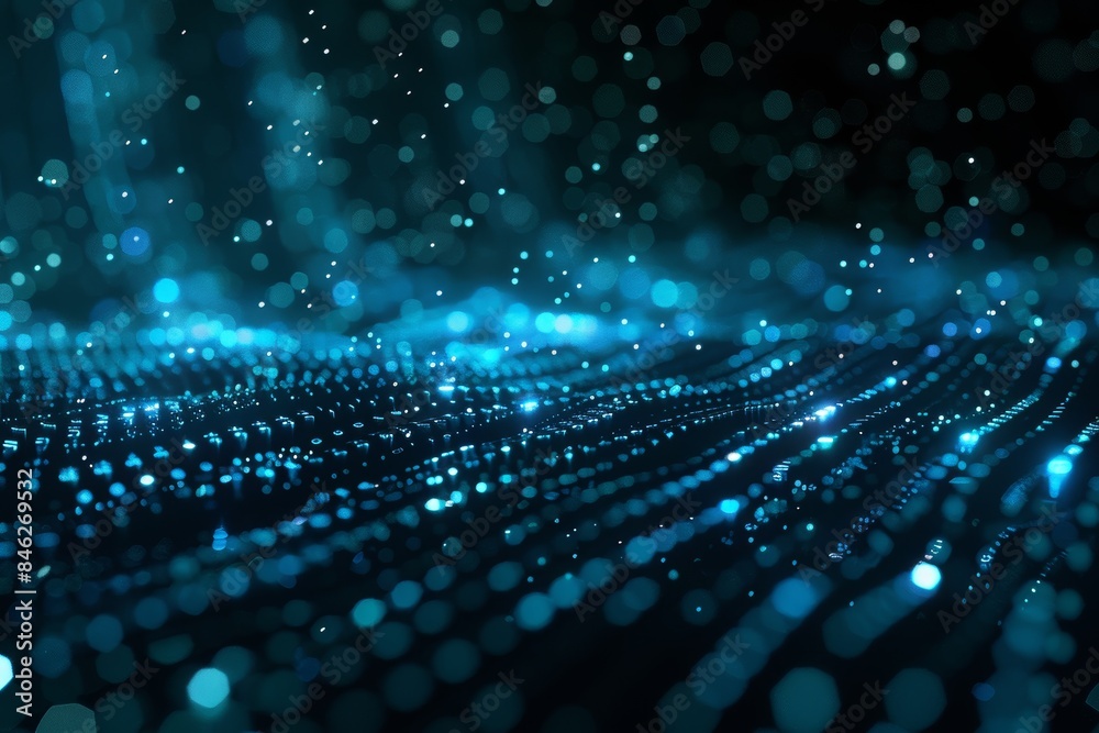 Poster Digital data stream of blue numbers and code flowing in the dark space, abstract background for technology or digital information concept with binary number on black screen
