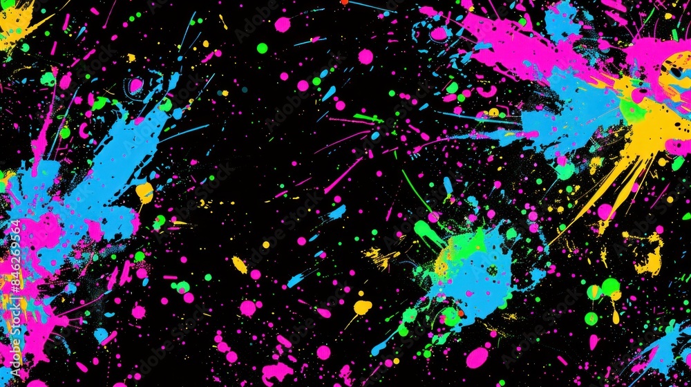 Wall mural abstract splash pattern bright neon rainbow colors on black background. generative ai image