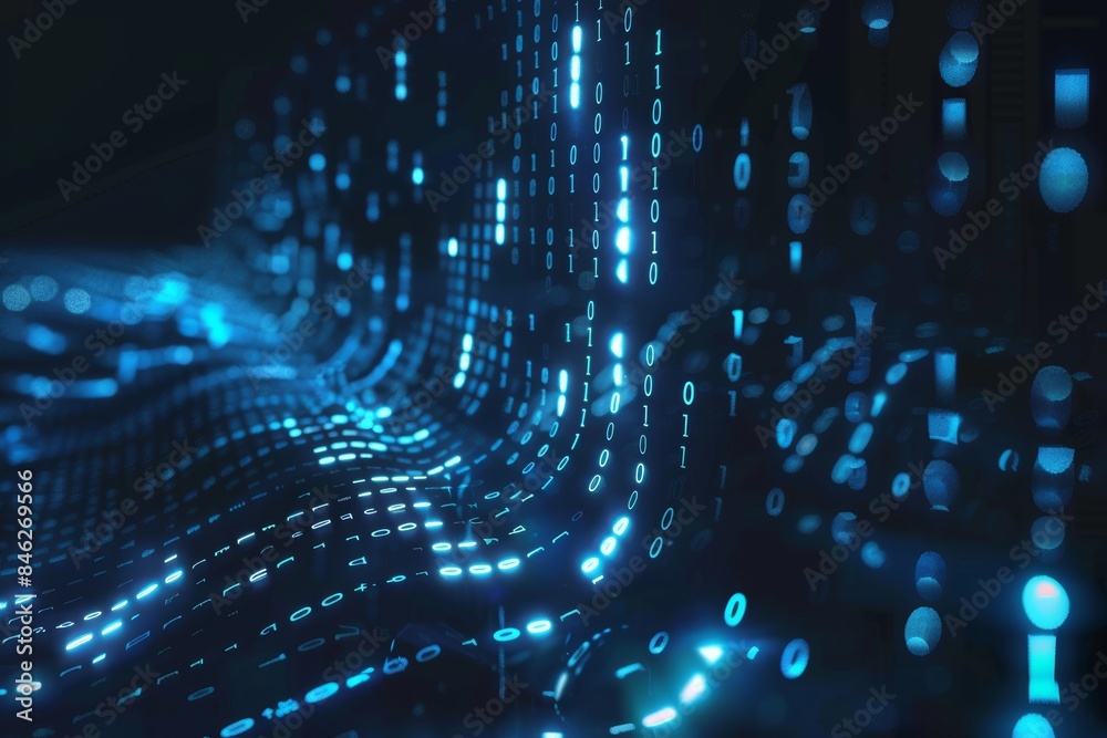 Poster Digital data stream of blue numbers and code flowing in the dark space, abstract background for technology or digital information concept with binary number on black screen