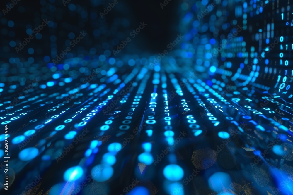 Aufkleber Digital data stream of blue numbers and code flowing in the dark space, abstract background for technology or digital information concept with binary number on black screen