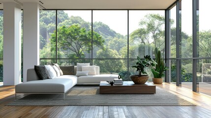 Fototapeta premium A large living room with a white couch and a coffee table