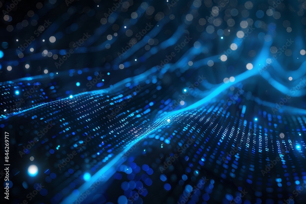 Leinwandbilder Digital data stream of blue numbers and code flowing in the dark space, abstract background for technology or digital information concept with binary number on black screen