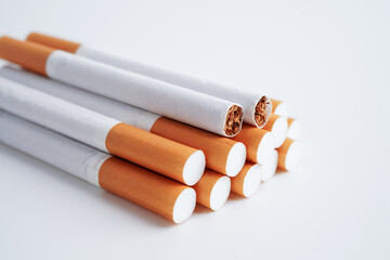 Cigarette, roll tobacco in paper with filter tube, No smoking concept.