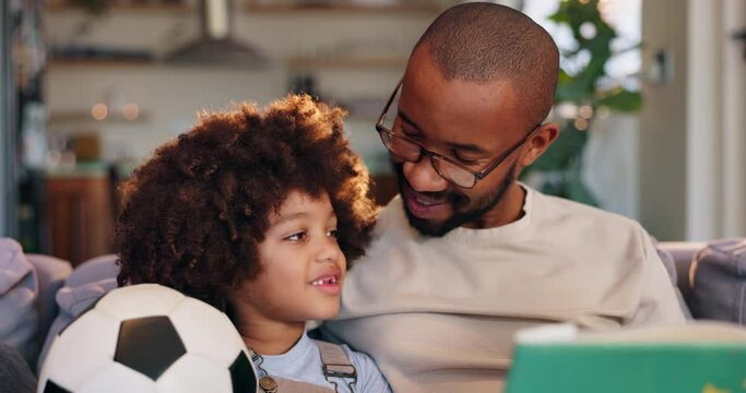 Home, father and boy reading book, peace and storytelling with love, happiness and bonding together. Family, single parent and dad with kid, son or childhood development with learning, relax or papa