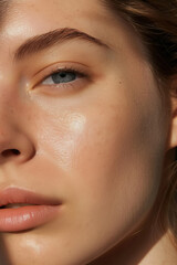 Fototapeta premium Detailed Close-Up of a Young Woman in Her 20s with Glowing, Healthy Skin, Without Makeup