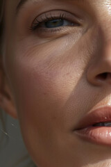 Naklejka premium Detailed Close-Up of a Young Woman in Her 30s with Glowing, Healthy Skin, Without Makeup