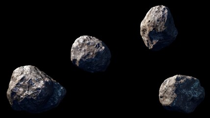 Naklejka premium Asteroids swarm of boulders or stone meteorite isolated on transparent png background, flying rock in the space., a set of black and white stones