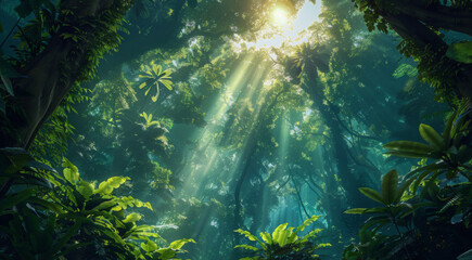 Fototapeta premium evokes imagery of a dense rainforest canopy filled with lush green foliage, vibrant flora, and dappled sunlight filtering through the leaves