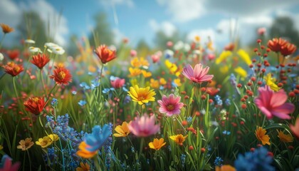 Celebrate the arrival of spring with a vibrant display of wildflowers in full bloom. Capture the essence of renewal and vitality as the landscape bursts into life with a riot of colors