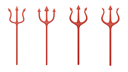 set of red devil demon pitchfork trident 3d element isolated on white background.
