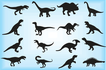 Dinosaur Jurassic animal black silhouettes. Comic tyrannosaurus fantasy. Video games theme idea. Monsters, Stegosaurus, Triceratops, Pterodactyl, Apatosaurus in editable vector format. eps 10.