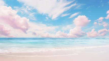 a pristine tropical beach captured in a dreamy, ethereal style, soft pastel hues blending seamlessly from the sandy shore to the gentle waves and the cotton candy clouds above.