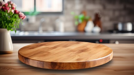 a round wooden table top with a natural edge, situated on a blurred kitchen counter background.