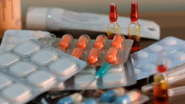 Rotating Drugs, pills, antibiotics, vitamins, healthcare, pharmaceutical industry, drug use, consumption of medicine concept.