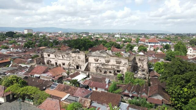 aerial view of the historic buildings of Pulo Kenanga. One complex with the Taman Sari Yogyakarta tourist village