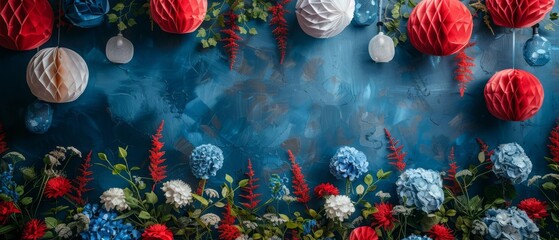 A rooftop party adorned with patriotic decorations in red, white, and blue The celebration from above with a focus on vibrant colors